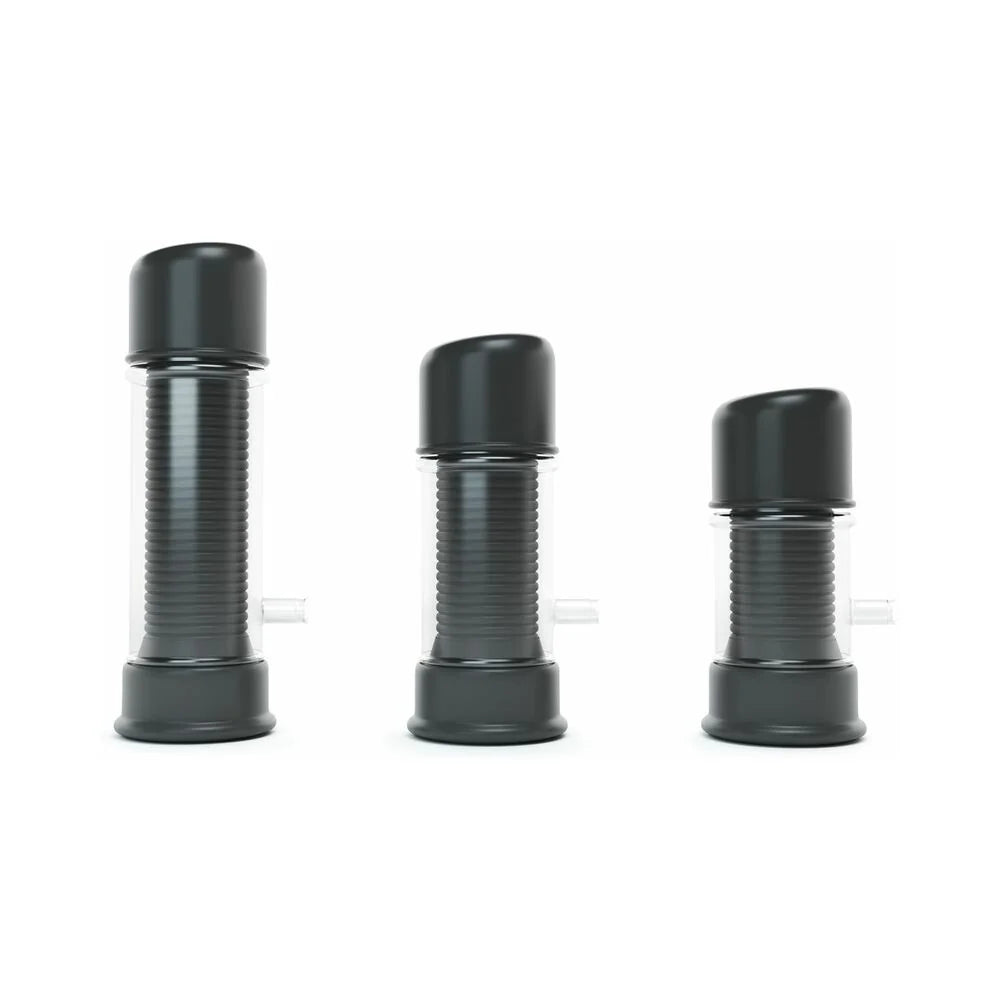 Three black stroker attachments of varying lengths on a white background