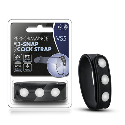Blush Sex Toys Blush Performance Black VS5 Silicone 3 Snap Cock Strap