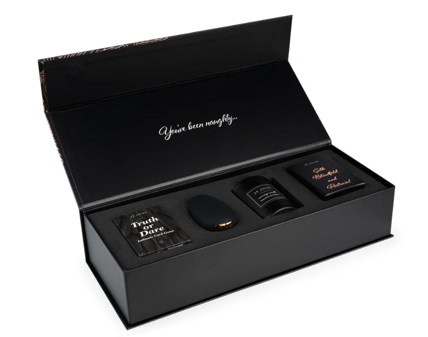 Je Joue Naughty Gift Set: Black Truth or Dare Cards, Mimi, Massage Candle, Silk Blindfold & Restraint