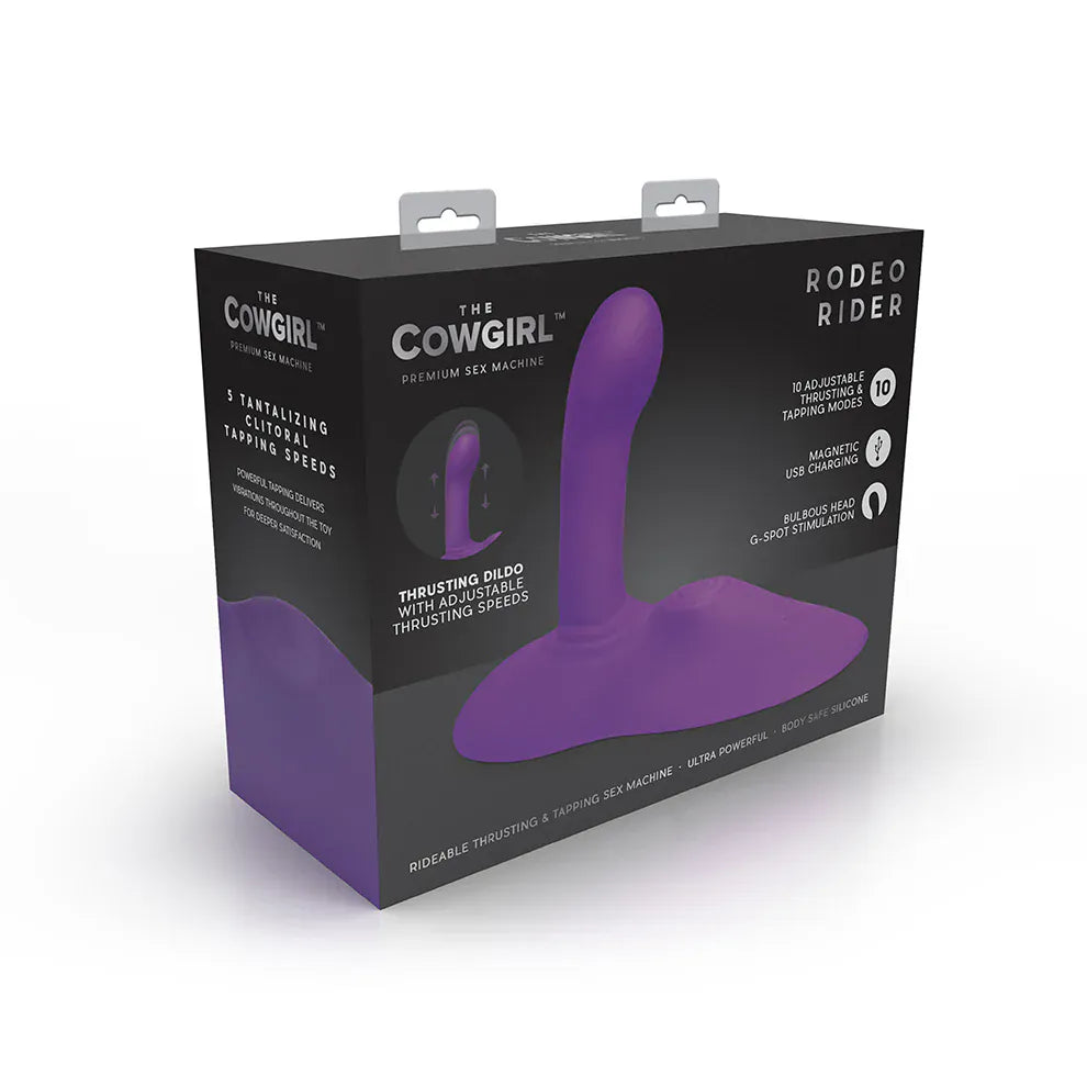 Purple sex toy packaging with 'The Cowgirl' branding on a white background