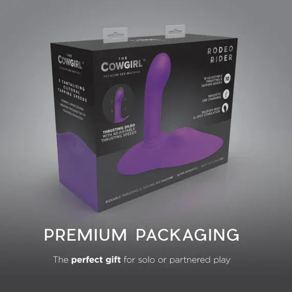 Purple product in a black box with 'The Cowgirl' branding on a gray background