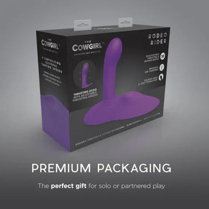Purple product in a black box with 'The Cowgirl' branding on a gray background