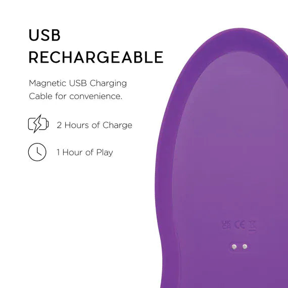 Purple electronic vibrator with USB rechargeable text and charging information on a white background