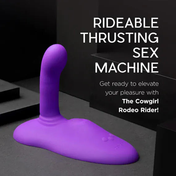 Purple sex toy with text about a 'Rideable Thrusting Sex Machine' on a dark background