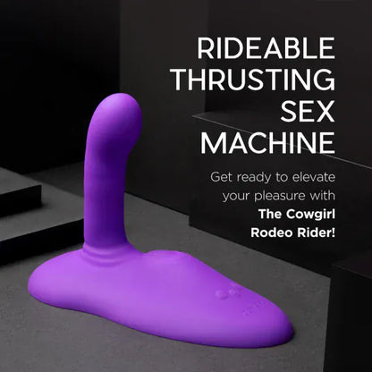 Purple sex toy with text about a 'Rideable Thrusting Sex Machine' on a dark background