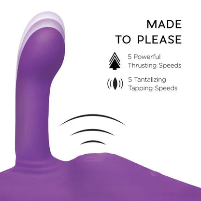 Purple sex toy with text indicating 'Made to Please' and features like '5 Powerful Thrusting Speeds' and '5 Tantalizing Tapping Speeds'.