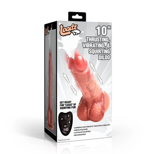 Loadz thrusting, vibrating and squirting silicone dildo with wireless remote box packaging