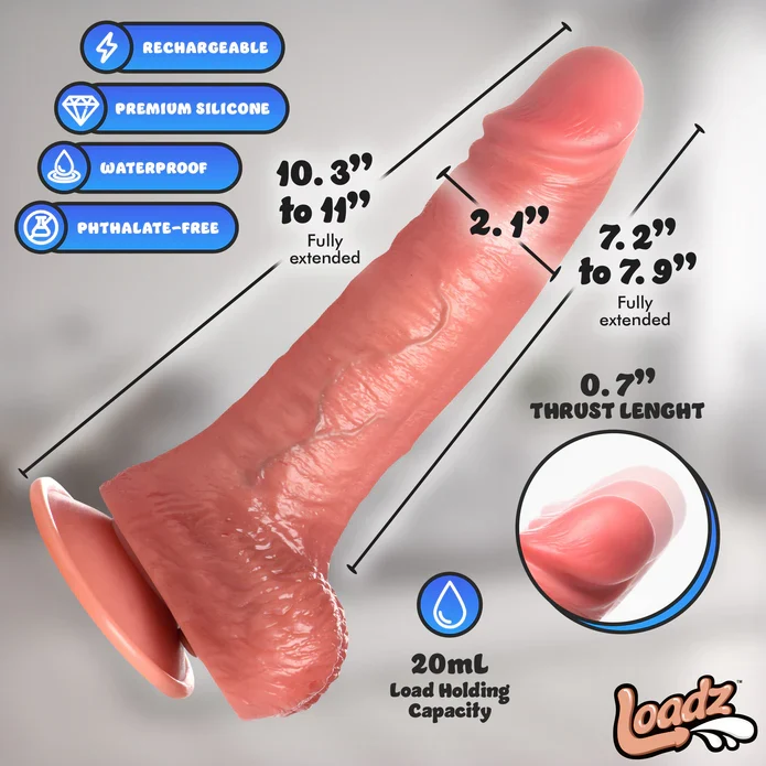 Loadz thrusting, vibrating and squirting silicone dildo dimensions and capacity
