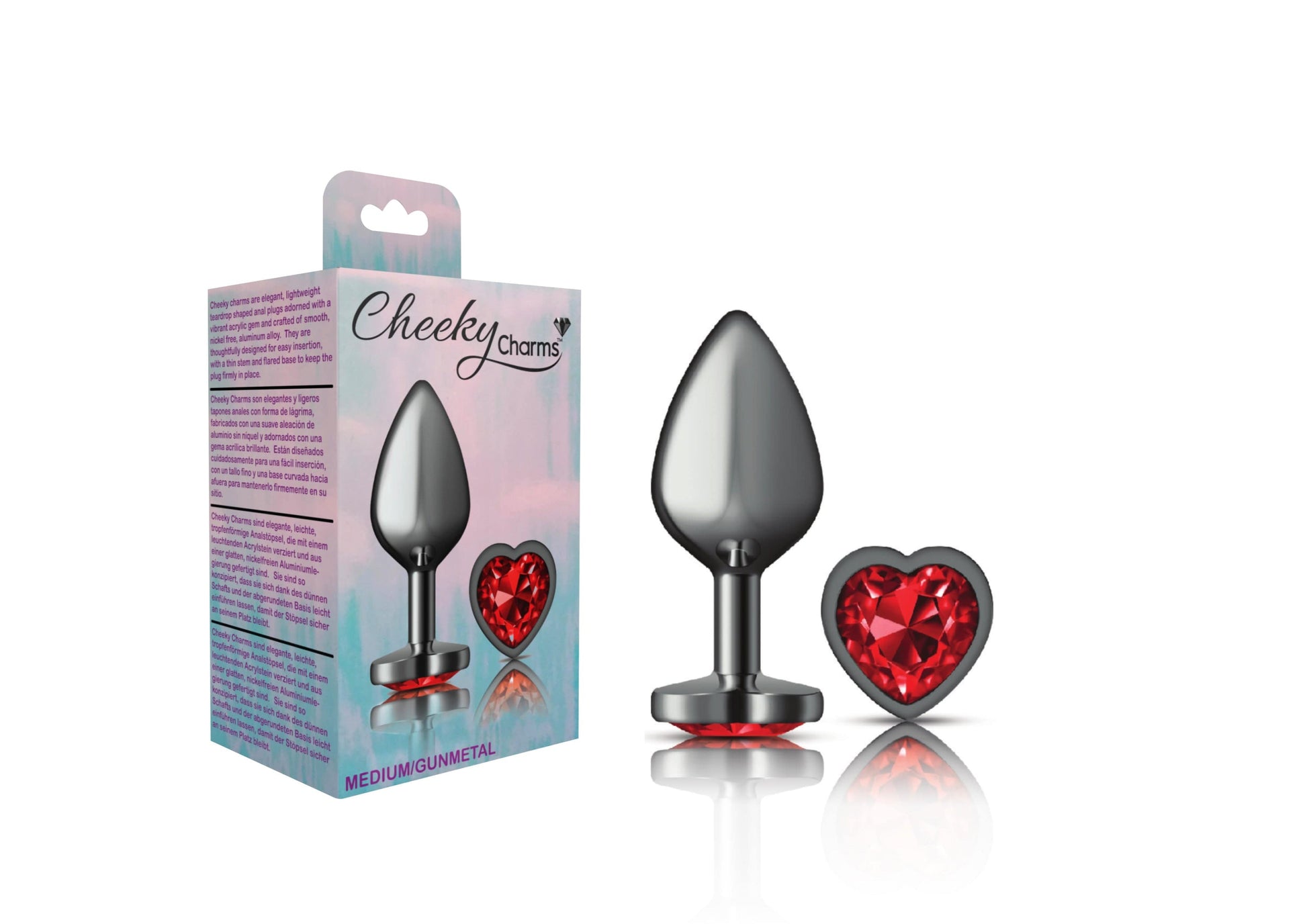 Viben Anal Toys Medium Cheeky Charms Gunmetal Grey Red Heart Gem Butt Plug