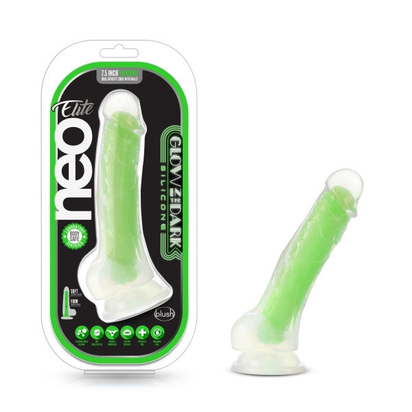 Blush Neo Green Elite Glow in the Dark 7.5" Silicone Dual Density Cock-Sex Toys-Blush-XOXTOYS