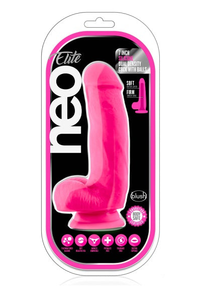 Blush Neo Neon Pink Elite 7 Inch Silicone Dual Density Cock w Balls-Sex Toys-Blush-XOXTOYS