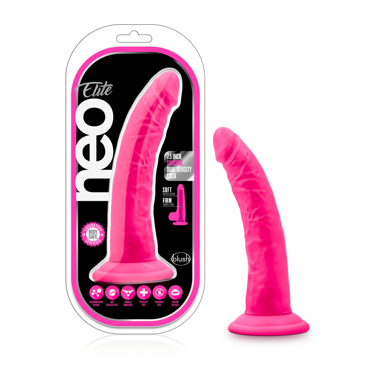 Blush Neo Neon Pink Elite 7.5 Inch Silicone Dual Density Cock-Sex Toys-Blush-XOXTOYS